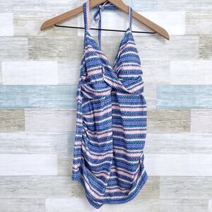 Liz Lange Maternity Striped Tankini Swim Top Blue Halter Ruched Womens Small
